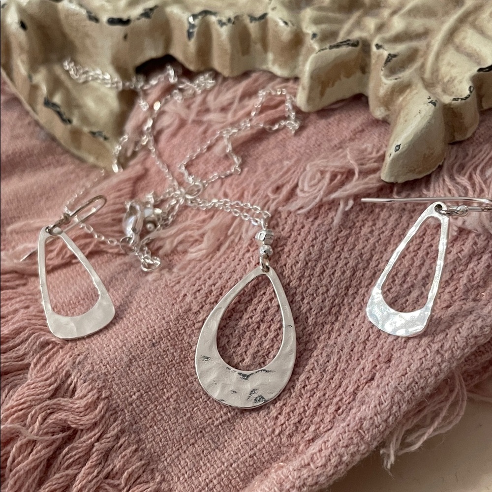 Elegant Hammered Sterling Silver Teardrop Necklace & Earring Jewelry Set